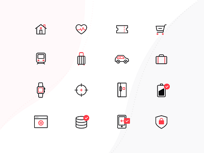 Black and Red Line Icons battery black car house icons luggage red security settings shopping travel watch