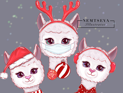 Christmas llamas animals christmas illustraion postcard