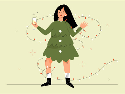 Girl at the new year party 2d christmas flat girls new year people tree