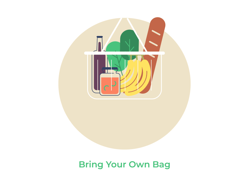 Bring Your Own Bag animated illustrations byob consumer awareness earth day eco friendly environmental design food logo grocery store lottie animation motion design motion graphics no plastic onboarding illustration recycle reduce reuse shopping bag shopping cart supermarket sustainability