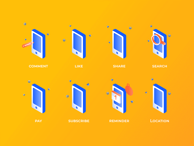 Smartphone Isometric Animated Icons animation design calendar comment gradient design icons internet isometric design isometric icons like location pin lottie animation micro animation motion design online payment search share smartphone subscribe