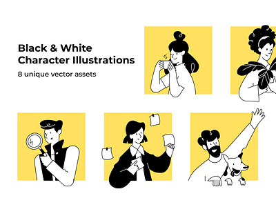 Black & White Character Illustrations 2d asset avatar black and white cartoon character character design female flat character human vector illustration line drawing male man profile svg illustration ui character vector vector illustration web and app ui woman