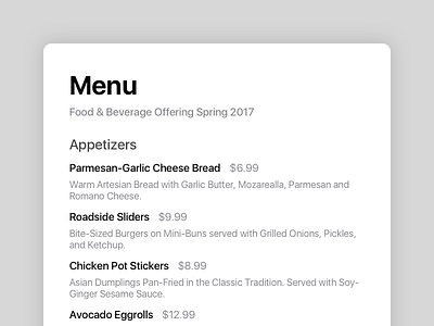 Menu for Food/ Beverage