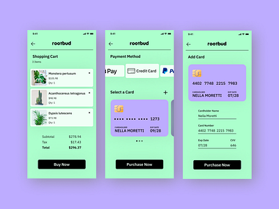 Rootbud • Credit Card Checkout app branding design ui