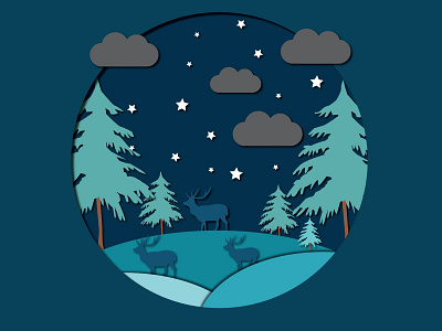 Paper cut Illustration design illustration night papercut silhouette sky stars tree vector wallpaper