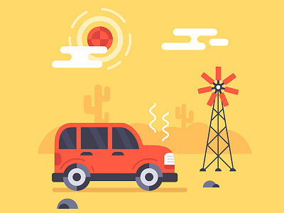 Stuck in the desert car desert flat geometric hot illustration mexico pathfinder trip vector windmill