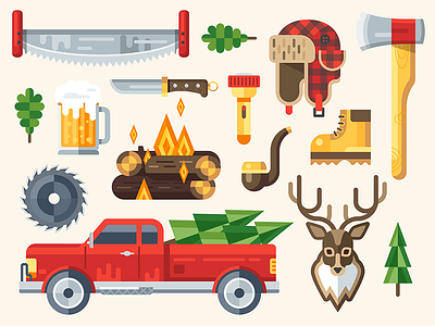 Lumberjack Set beer boot deer fire flashlight flat hat knife lumberjack pickup saw vector