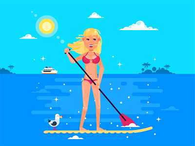 Goodbye summer! blonde board character flat girl gull paddle sport summer