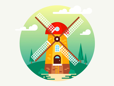 Windmill architecture circle clouds field flat illustration landscape mill simple tree vector windmill