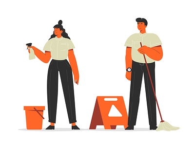 Сleaners characters cartoon character cleaner cleaners flat illustration illustrator man mop office simple vector woman