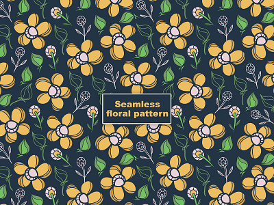 Deep blue and yellow seamless floral pattern