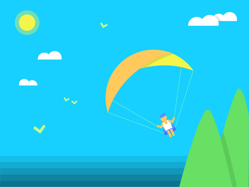 Paragliding exciting light-heared fun nature beach mountain ocean sea flying paragliding sun illustration