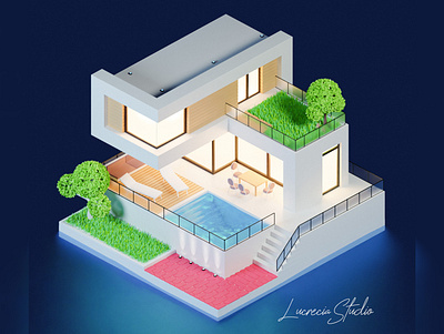 Luxury House at Night 3d garden graphic design house illustration isometric luxury render