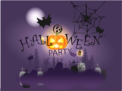 Halloween party pumpkins under the moonlight. art design graphic design halloween illustration illustrator typography ui кладбище летучие мыши луна могилы туман тыква
