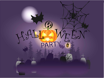 Halloween party pumpkins under the moonlight. art design graphic design halloween illustration illustrator typography ui кладбище летучие мыши луна могилы туман тыква
