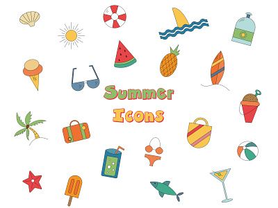 Summer icon set. Adobe Illustrator adobe illustrator branding design flat graphic design icon set icons illustration logo minimal set summer ui ux vector