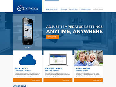 EcoFactor blue homepage landing page orange website white
