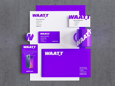 Online gadget store identity design a4 blank branding business card corporate delivery design devices e comerce envelope gadget graphic design logo mockup online store purple smartphone stationery template waatt