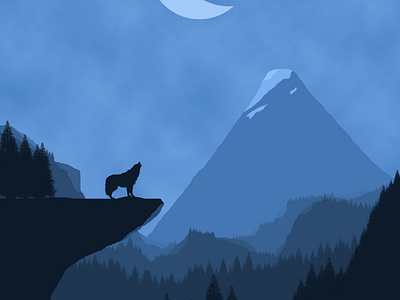 Wolf in Mountains blue colors design forest hill illustration moon mountain photoshop wolf