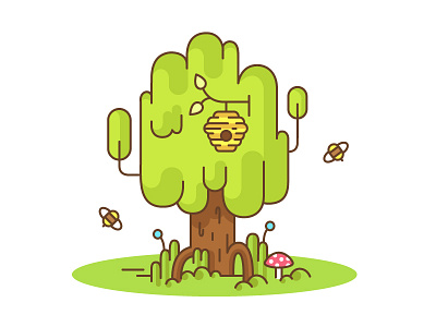 Green tree art bee beehive icon illustration outline tree vector wood