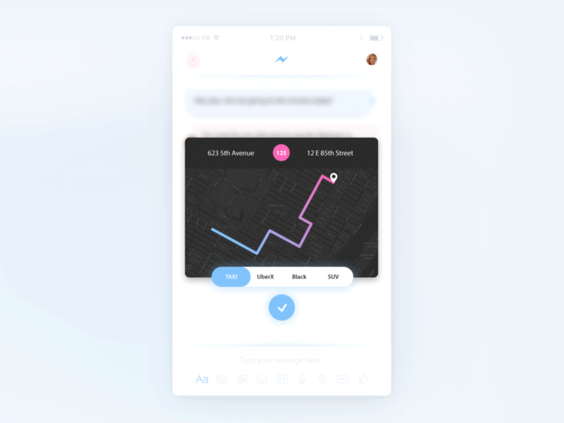Uber integration with messenger animation chat facebook interaction message messenger motion ride taxi uber