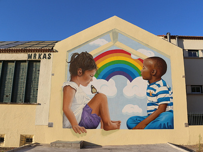 There is a rainbow between us by MrKas 3d 3dart 3dartist anamorphic artist boy child children clouds girl graffiti graffiti art kids kids art mural racism rainbow streetart streetartist urban art