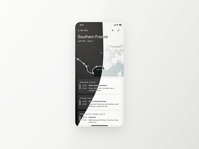 Itinerary concept app dark mode design itinerary light mode list map mobile mobile app route travel ui