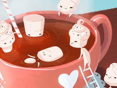 Drink cute hot chocolate illustration marshmallow pink whipped cream