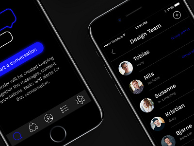 Dark UI app black branding chat dark device group ios iphone mobile ui wip