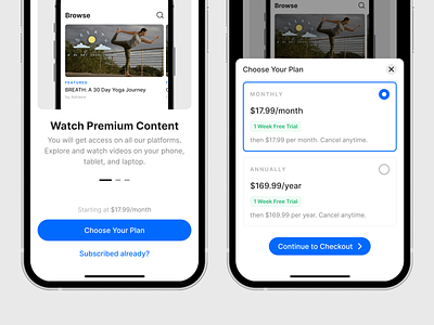 iOS Onboarding and Subscription carousel checkout clean ios mobile modal offer onboarding premium pricing radio button slide subscription ui ux