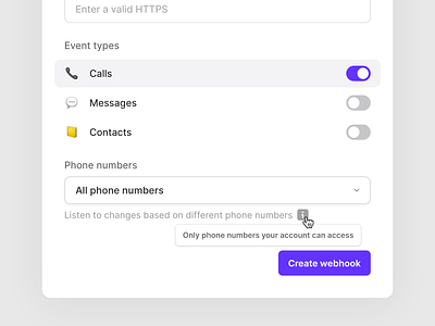 Create a webhook app call calling chat clean contact desktop message messaging minimal mobile modal number saas simple toggle ui ux web webhooks