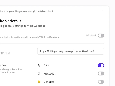 Webhook details active animation app clean code copy delete desktop details dropdown enable hover minimal send settings simple toggle ui ux web