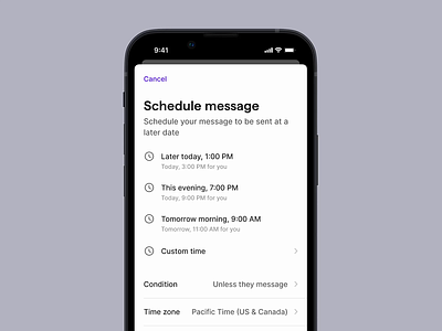 Scheduled Messages android clean custom desktop ios message minimal mobile modal phone picker saas app schedule search send simple sms time zone ui ux