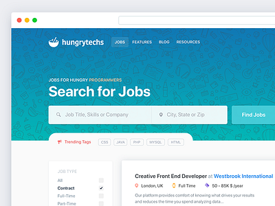 Hungry Techs 2.0 - Homepage blue flat gradient green illustration jobs landing pattern search ui ux website