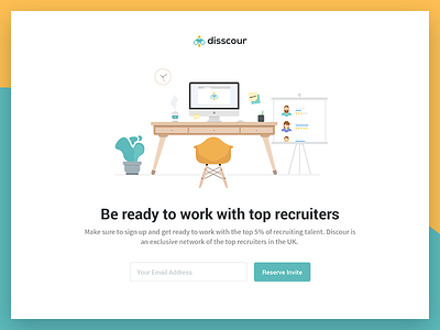 Disscour – Coming Soon billboard blue chair flat green illustration imac landing plant recruiters table website