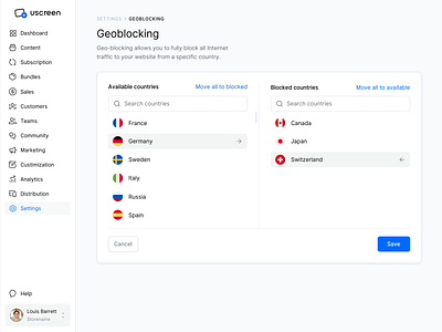 Geoblocking admin block countries country dashboard geoblocking icons move search ui ux vpn