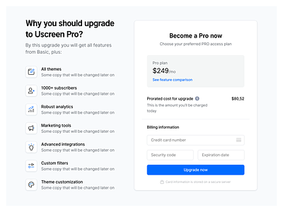 Uscreen: Upgrade to Pro plan billing blue clean icons pricing simple ui upgrade user inteface