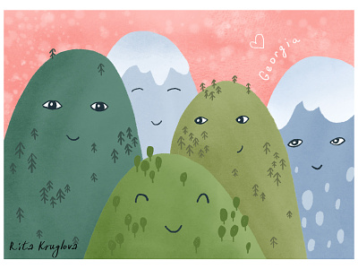 Georgia. Mountains with eyes. Illustration for a postcard.