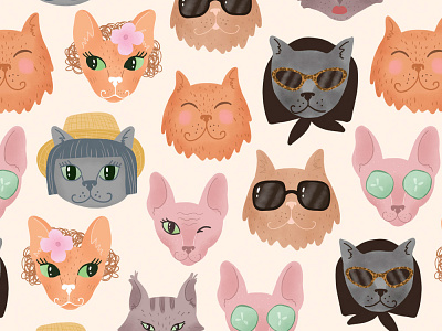 Cute feminine cats seamless pattern adobe photoshop cat cat breeds cute illustration design digital illustration feminine illustrations pattern design procreate