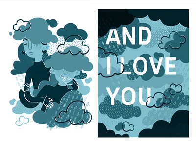 Rainy Day Love blue clouds couple cute drawing illustration portland rain smile stormy typogaphy valentines