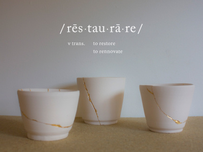 restaurare branding ceramics event gold leaf poster wabi sabi