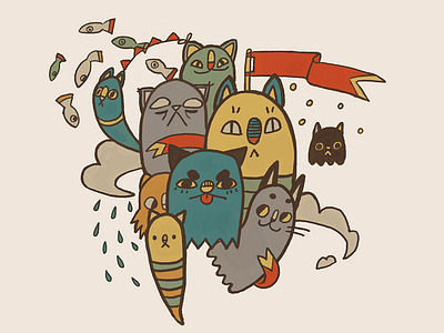 Floating Cat Parade? cats colorful fish flag goody lol parade rain silly sketch