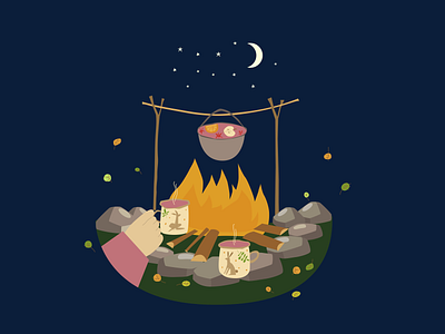 Campfire active adventures bonfire camping countryside discovery evening exploration explore illustration journey landscape moon night rest tourism travalling travel vector wild nature