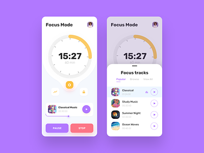 Focus Mode + Music Player adobe xd calm clock concentrate focus music playlist timer ui watch