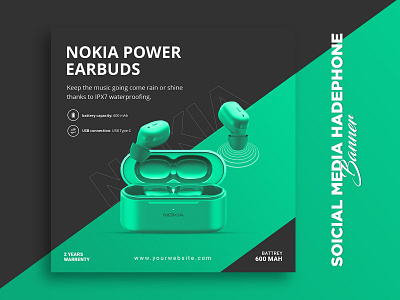 Nokia Power Earbuds Social Media Banner Templates banner design earphone earphone banner design graphic design headphone