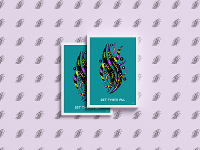Postcard – Get Them All graphic design mockup pattern postcard purple sketch tattoo typography vector violet yellow