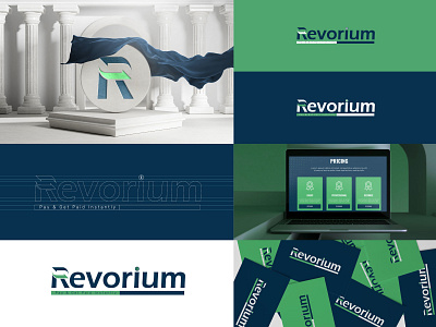 Revorium Logo and Brand Guidline Design app icon blue branding business card design digital illustration economy finance green illustration illustration digital logo logo design minimal modern design money money transfer stationary ui design vector