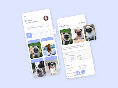Daily UI 22 22 animals app bird buddy cat dailyui design dog dogsitter hamster lilac mobile pets pugs rabbit search searching service ui