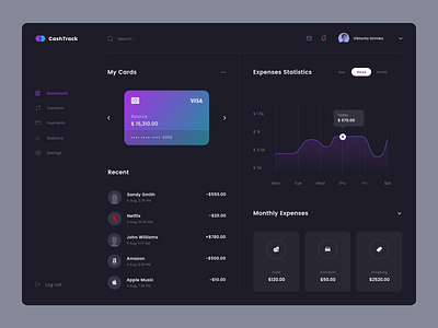 CashTrack | Financial Assistant App app bank credit card dark dashboard design finance layout statistics ui ux web