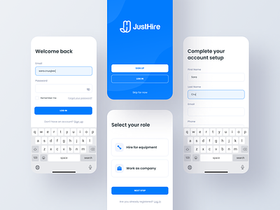 JustHire | Log in / Sign up account clean design equipment hire input landing page layout light log in mobile profile register rent sign up ui ux